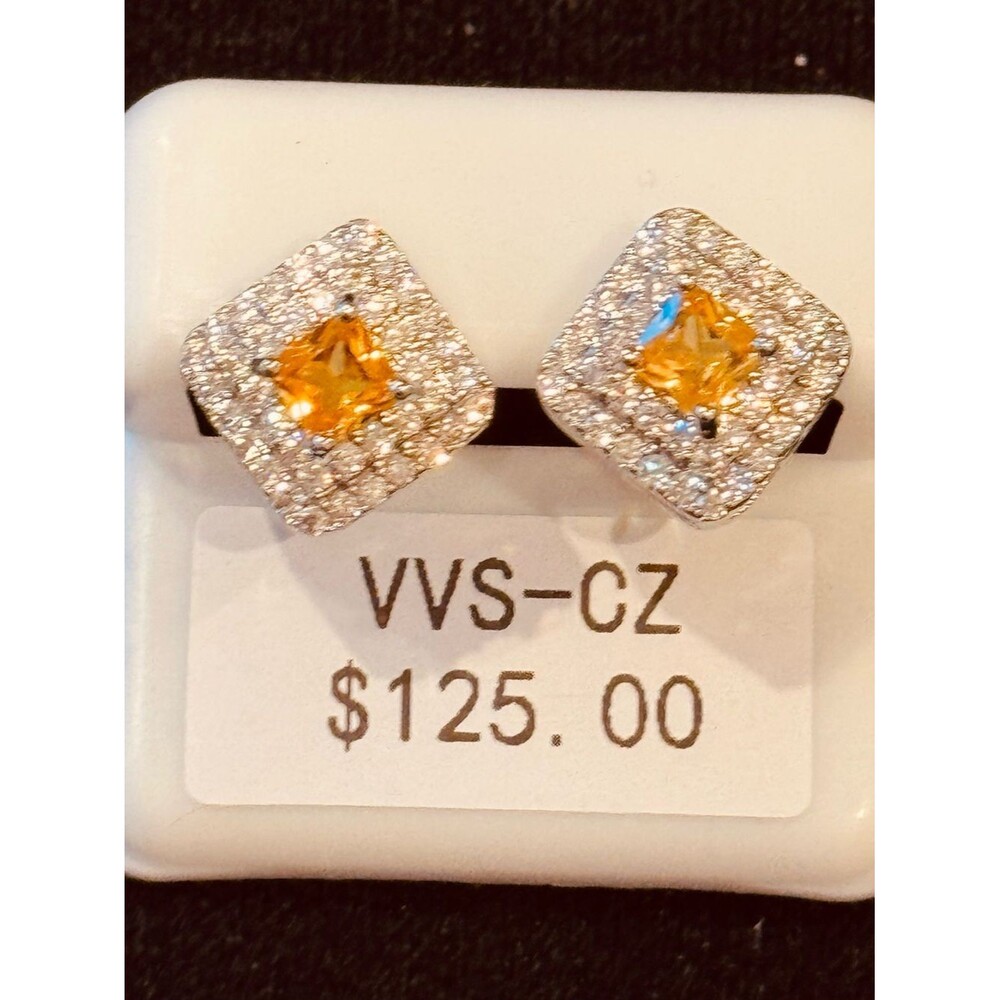 AJ USA Yellow Cubic Zirconia Square Halo Stud Earrings